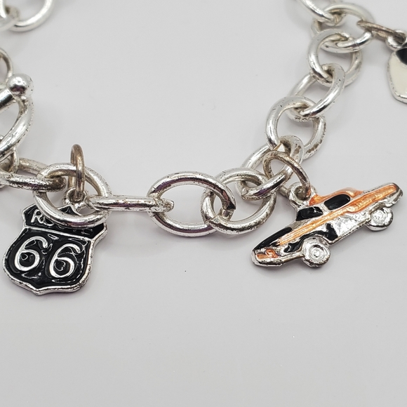 Silver Tone Charm Bracelet Six Charms Route 66 Rock and Roll - Picture 2 of 7